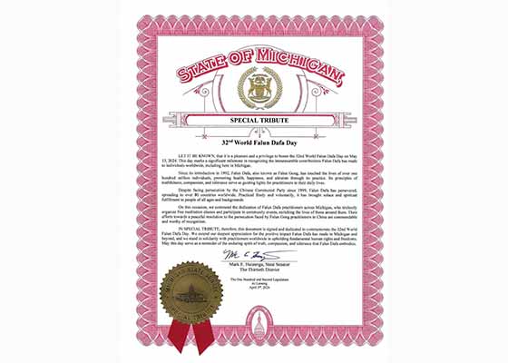 Image for article Michigan, USA: State Senator Issues a Special Tribute to Commemorate World Falun Dafa Day